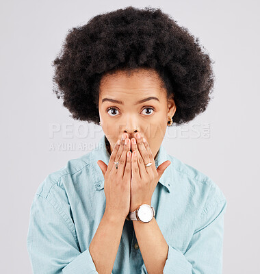 Buy stock photo Portrait, hand and mouth with a shocked woman in studio on a gray background feeling surprised by gossip. Face, wow or afro and a young female hearing news with an omg or wtf expression of disbelief