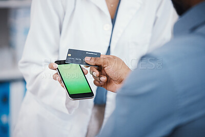 Buy stock photo Pharmacist, credit card and phone green screen for payment, medicine purchase or medical finance for life insurance mockup. Zoom, patient and customer with banking technology, NFC or pharmacy woman 