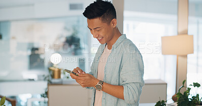 Buy stock photo Business, smile and Asian man with a smartphone, typing or digital app with email notification, chatting or connection. Japanese person, consultant or entrepreneur with sms, cellphone or social media