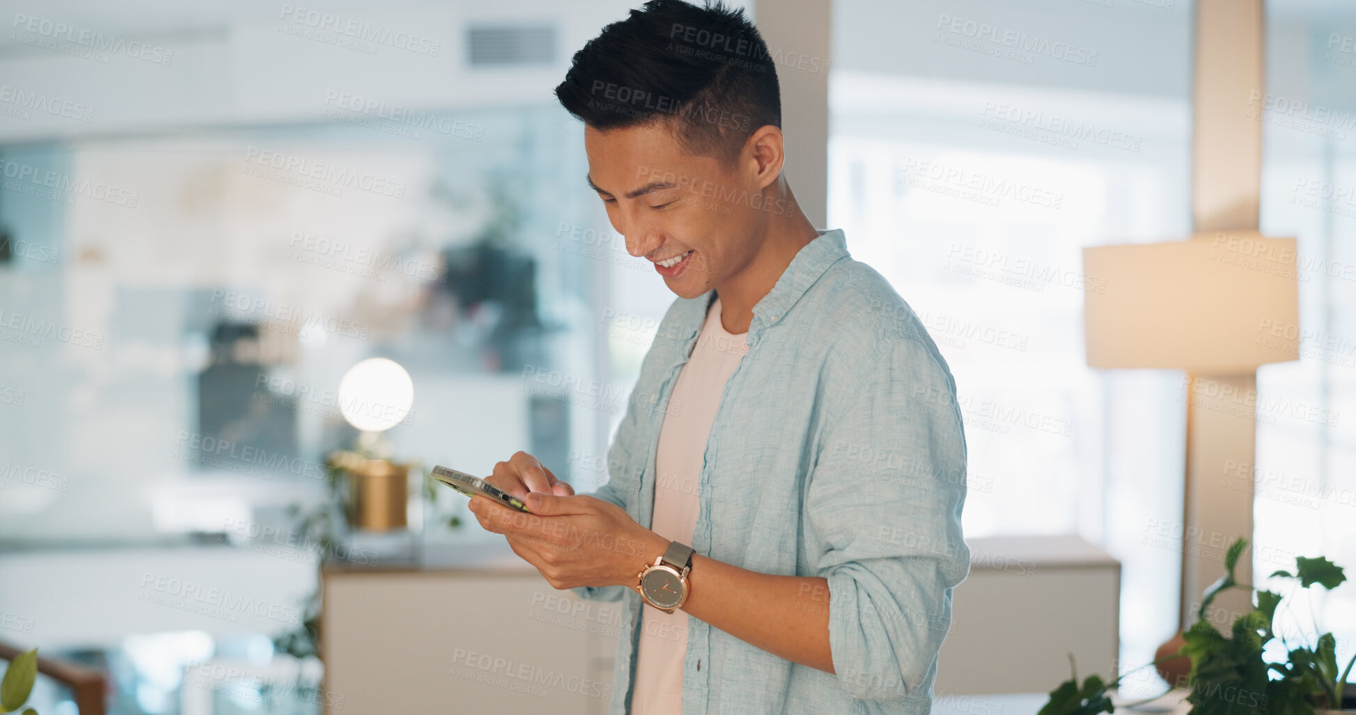 Buy stock photo Business, smile and Asian man with a smartphone, typing or digital app with email notification, chatting or connection. Japanese person, consultant or entrepreneur with sms, cellphone or social media