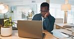 African businessman, headache and laptop working in office for deadline, tech documents or report planning burnout. Black corporate man, head pain and stress, fatigue or tired with tech device glitch