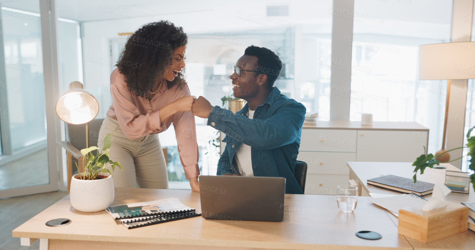 Buy stock photo Teamwork, celebration and business people fist bump with laptop, achievement and email notification. Staff, coworkers or partnership with a pc, gesture for success or problem solving with cooperation