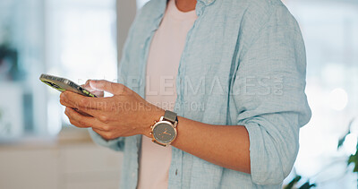 Buy stock photo Man, phone and hands typing in communication, social media or online networking at office. Closeup of male person or employee chatting, texting or research on mobile smartphone app at workplace