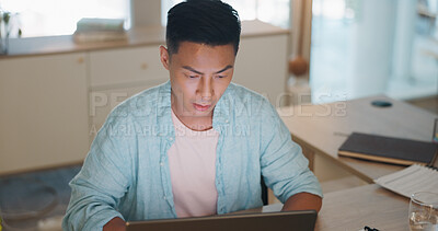 Buy stock photo Thinking, business or Asian man with computer, solution or review with ideas, journalist or employee. Japanese person, consultant or worker with laptop, decision or choice with copywriting or editing