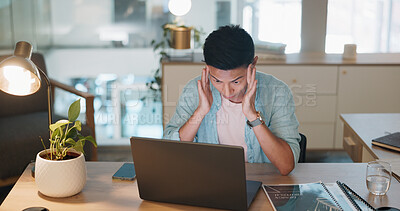 Buy stock photo Laptop, business man and stress, tired or headache working in office with fatigue, anxiety or depression. Sad, depressed and mental health risk of digital online worker or employee burnout and crisis