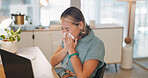 Woman, covid and sinus in office with sneeze, tissue and runny nose while working on laptop. Business woman, allergies and unwell corporate employee sneezing and suffering flu, cold and allergy