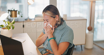 Buy stock photo Employee, tissue and Asian woman with sneeze, sick and sinus in office with runny nose, flu and laptop. Japanese person, administrator and consultant with toilet paper, virus and disease with cold