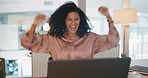 Celebration, happy and business woman in the office reading good news for job promotion on her laptop. Winner, happiness and professional female employee celebrate success in the workplace in Mexico.