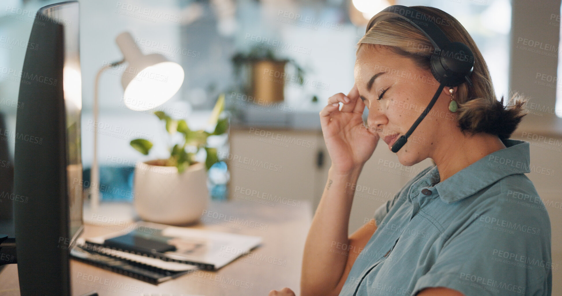 Buy stock photo Tired woman, call center and stress in customer service, support or telemarketing at office. Frustrated female person, consultant or agent in depression, debt or fatigue from burnout at workplace