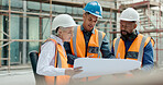 Construction, inspection and clipboard, black man and woman discussion, construction site with scaffolding and building renovation checklist. Contractor with inspector, engineering and communication.