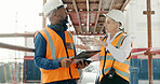 Construction, inspection and clipboard, black man and woman discussion, construction site with scaffolding and building renovation checklist. Contractor with inspector, engineering and communication.