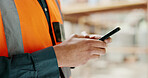 Social media, internet and hands of an architect with a phone for communication, construction website and building app. Construction worker working on a mobile, typing on web and doing search on site