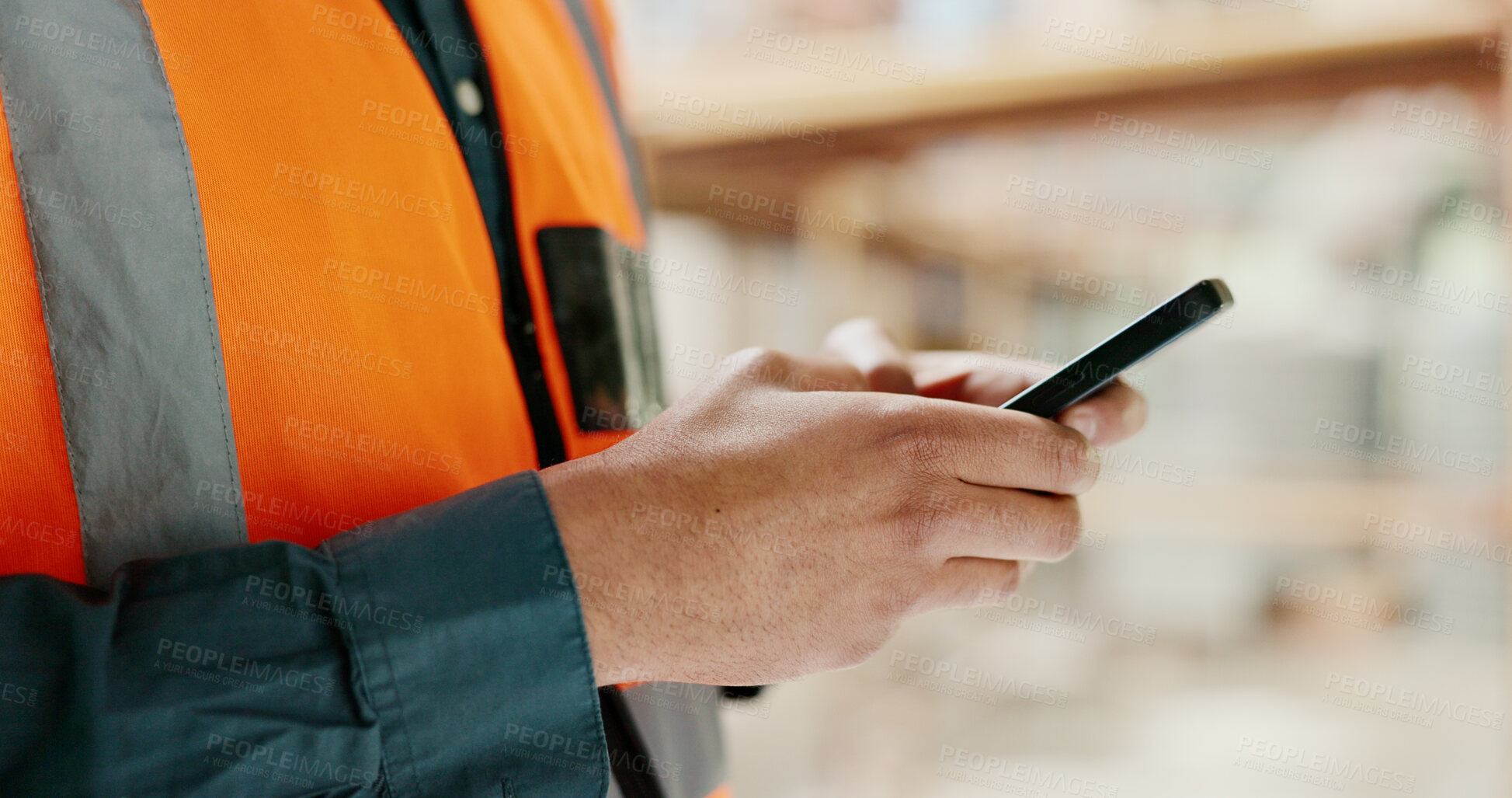 Buy stock photo Closeup, engineer and man with a cellphone, typing and construction worker with connection, chat and website information. Hands, person and architect with a smartphone, digital app and social media