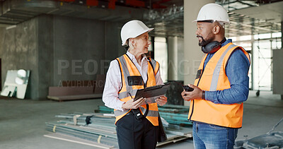 Buy stock photo Inspection, checklist and man with woman in construction discussion on site with scaffolding and building renovation survey. Contractor, inspector and list of industrial maintenance safety rules 