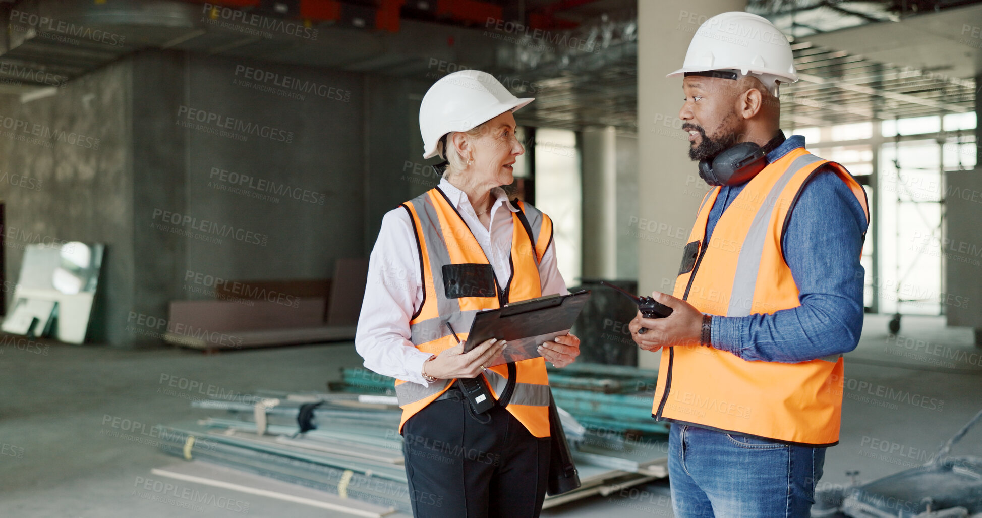 Buy stock photo Inspection, checklist and man with woman in construction discussion on site with scaffolding and building renovation survey. Contractor, inspector and list of industrial maintenance safety rules 