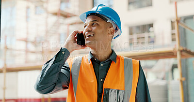 Buy stock photo Construction worker, radio communication and a man professional architect on site for industrial design. Project management, engineer and happy builder working on a building site for architecture