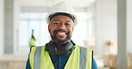 Construction, building and construction worker, man and smile in portrait, employee at construction site with work vest and safety helmet. Working, architecture industry and renovation job.