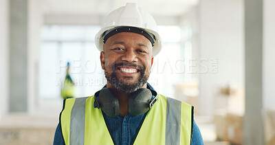 Buy stock photo Happy black man, portrait or construction engineer, industrial manager and pride in architecture, renovation or innovation. African architect, safety PPE or project management of property development