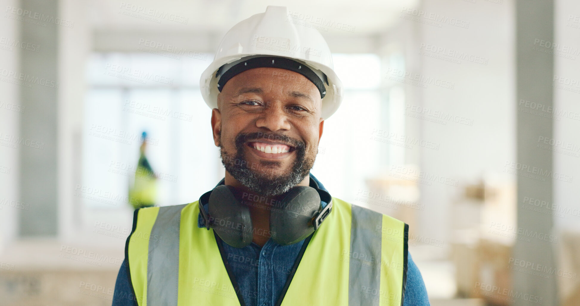 Buy stock photo Happy black man, portrait or construction engineer, industrial manager and pride in architecture, renovation or innovation. African architect, safety PPE or project management of property development