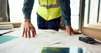 Buy stock photo Hands, blueprint and architect at construction site, engineering and urban infrastructure with contractor person. Floor plan, paperwork and illustration with renovation and property development