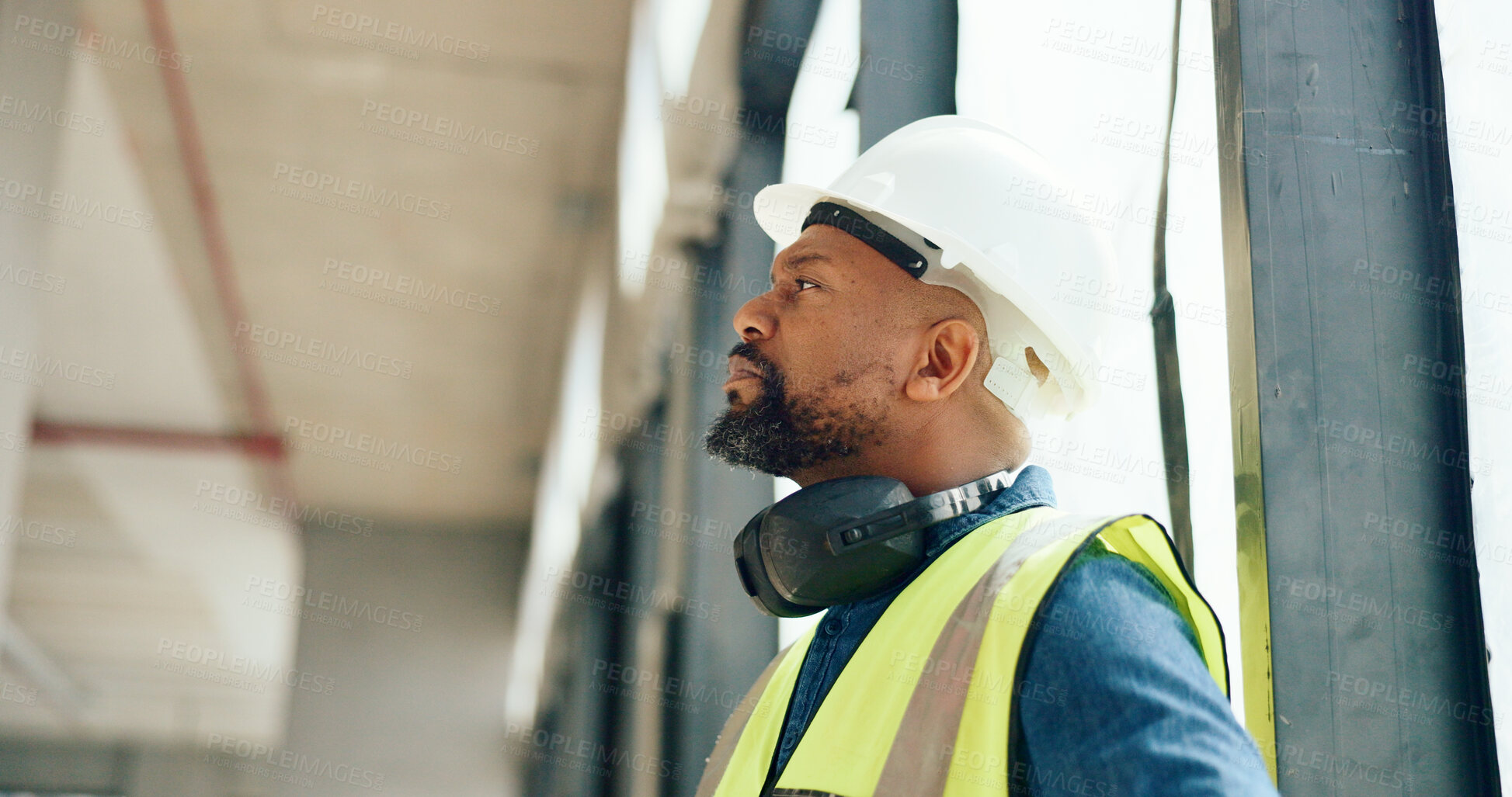 Buy stock photo Building construction worker, thinking black man and architect planning property development, renovation or inspection. Real estate decision, contractor profile or expert problem solving architecture