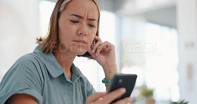 Buy stock photo Phone, notification and confused business woman in office for phishing, scam or internet, glitch or mistake. Smartphone, alert and Asian lady worker with app for fraud, social media or cyber security