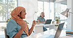 Winner, laptop and excited with a business muslim woman in celebration while working in her office. Motivation, wow and success with an islamic female employee celebrating a deal, goal or target