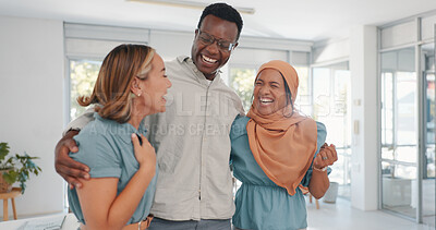 Buy stock photo Success, happy and business people hug in celebration of good news, deal or startup growth. Corporate, friends and man embrace women in support of partnership deal, sale or mission target achievement