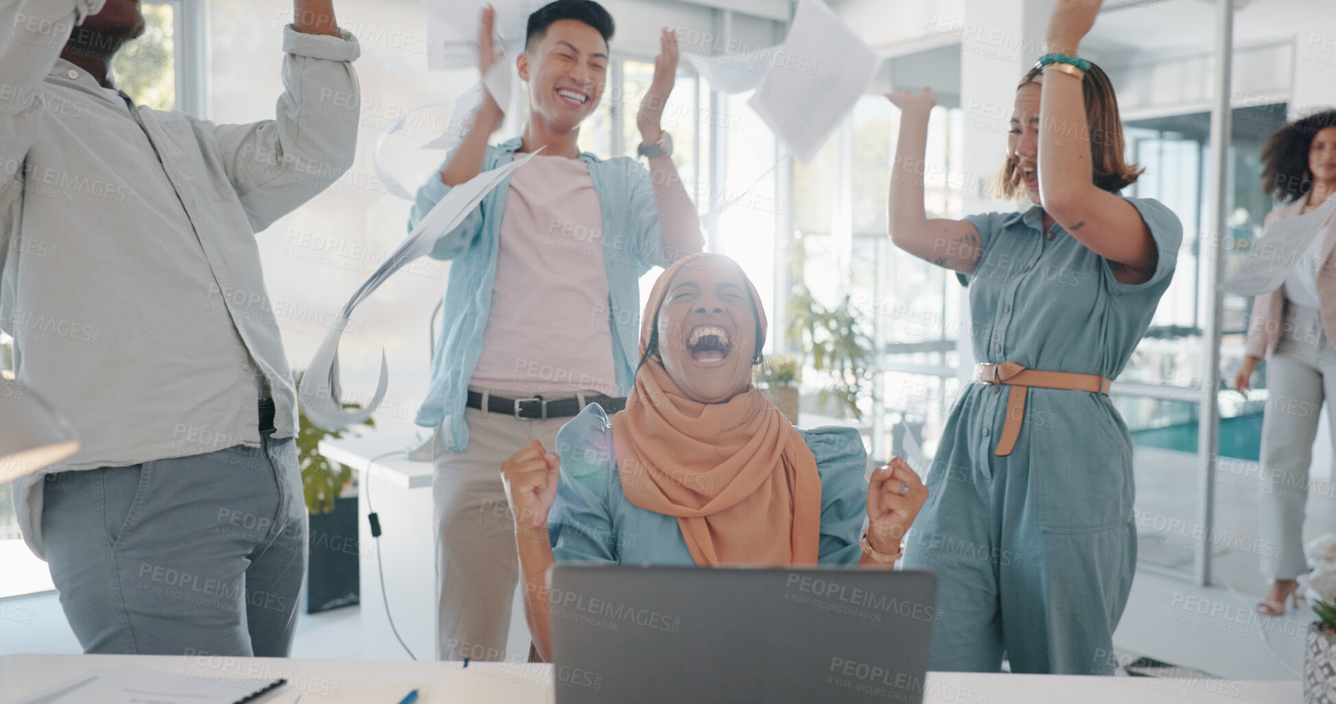 Buy stock photo Success, applause and business people in office with laptop, celebration or paper throw for news, feedback or loan approval. Investment, victory and team clapping hands for bonus, promotion or winner