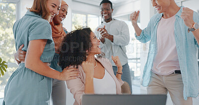 Buy stock photo Business people, celebration and laptop in office for cheers, teamwork or congratulations with fist in air. Men, women and success for goal, profit or diversity for stock market investment at startup