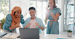 Excited, laptop email and business people reading news, achievement and win with support at work. Wow, motivation and employees with high five, for success, bonus and competition on a computer