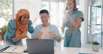 Buy stock photo Celebration scream, business people and laptop notification, excited group and happy for promotion success news. Team collaboration, winner teamwork and staff shout for colleague winning online prize