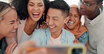 Selfie, tongue and friends with a business team posing together in the office for a funny picture. Social media, teamwork or emoji with a man and woman employee group taking a photograph at work