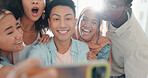 Selfie, tongue and friends with a business team posing together in the office for a funny picture. Social media, teamwork or emoji with a man and woman employee group taking a photograph at work