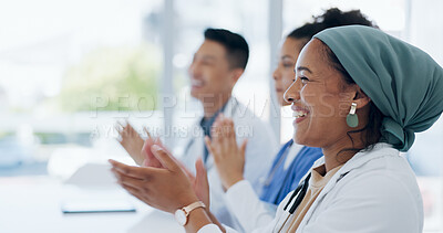 Buy stock photo Doctors, team and meeting with applause, smile and success with progress, results or motivation in clinic. Medical women, men or staff with congratulations, support or winner in hospital for goals