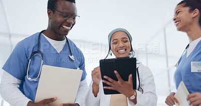 Buy stock photo Happy doctor, nurse and teamwork with tablet in meeting for consulting, planning or social media at hospital. Friendly or technology group of medical or healthcare professionals laughing together