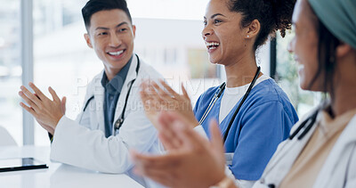 Buy stock photo Doctors, group and meeting with applause, smile or success with progress, results or celebration in clinic. Medical women, men or staff with congratulations, support or diversity in hospital for goal