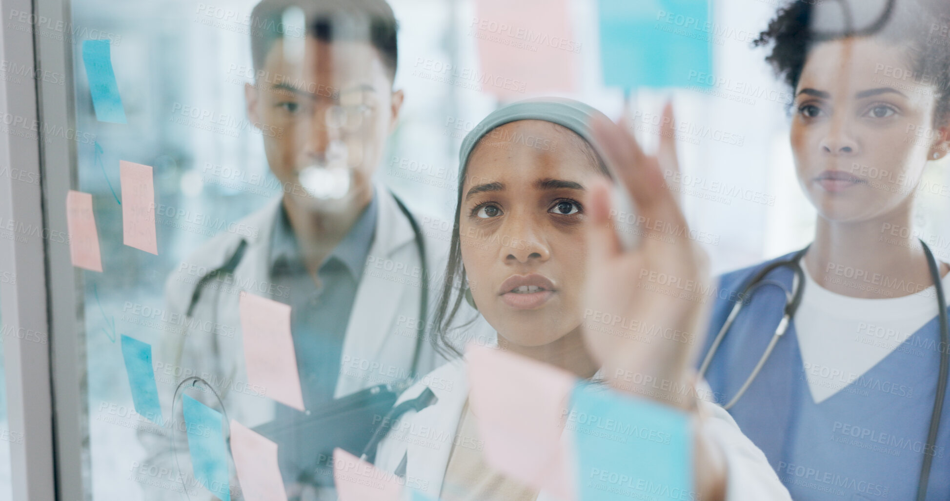 Buy stock photo Doctor, team and meeting in schedule planning, brainstorming or tasks on glass board at hospital. Group of people, medical or healthcare workers in teamwork, plan or ideas for surgery or strategy