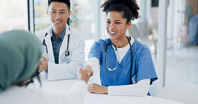 Buy stock photo People, doctor and handshake in meeting, consultation or hiring for onboarding or introduction at hospital. Happy woman, medical or healthcare nurse shaking hands in deal, agreement or interview