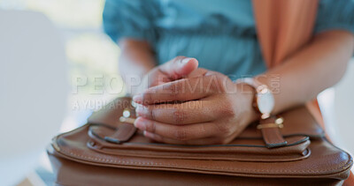 Buy stock photo Hands, stress for an interview and a woman in an office closeup waiting during the hiring or recruitment process. Anxiety, human resources and a nervous employee in the workplace for opportunity