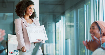 Buy stock photo Award, winner or applause for business woman with people in celebration of success or achievement. Pride, motivation or excited crowd clapping for a happy employee with goal, certificate or reward