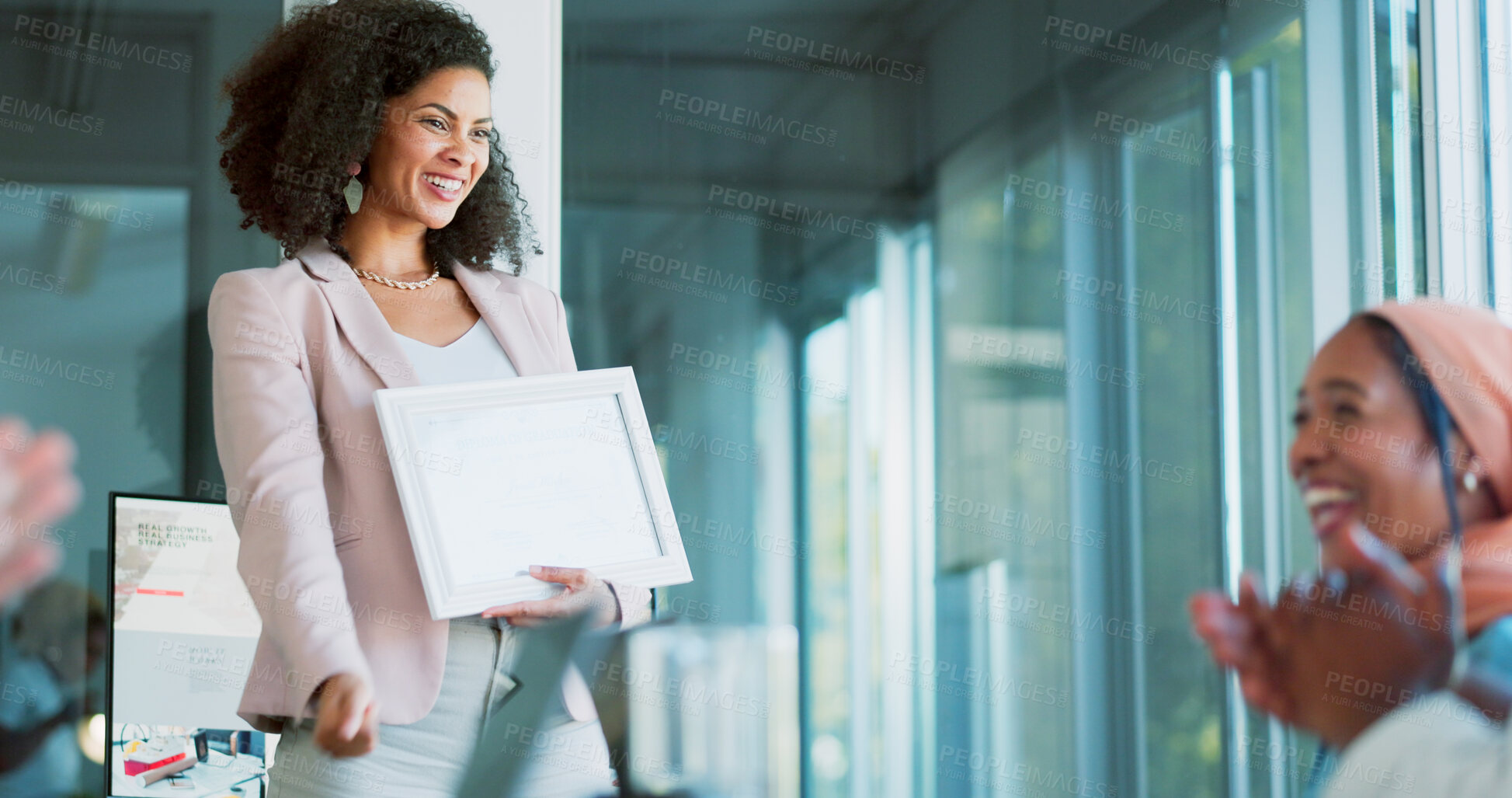 Buy stock photo Award, winner or applause for business woman with people in celebration of success or achievement. Pride, motivation or excited crowd clapping for a happy employee with goal, certificate or reward