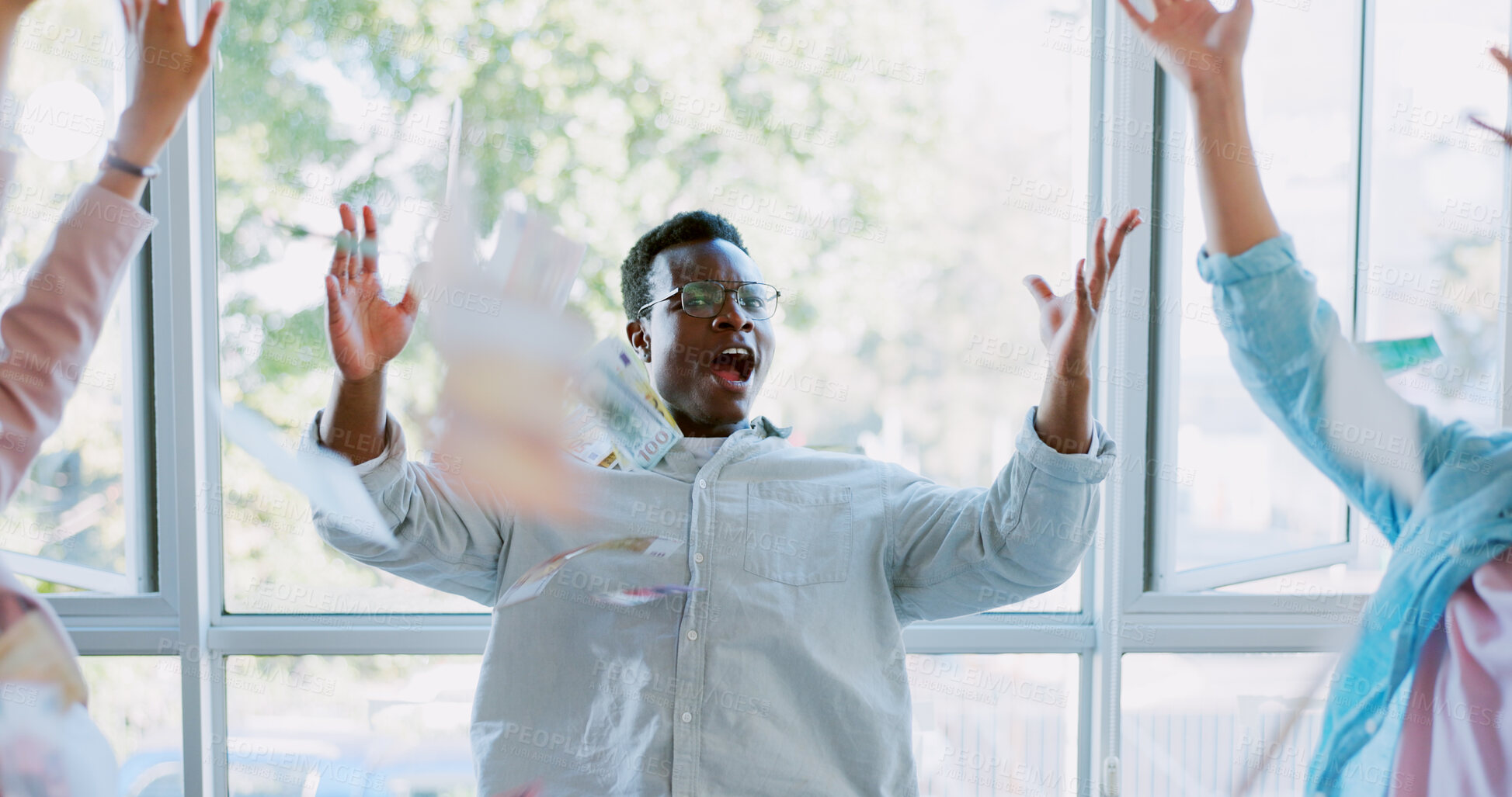 Buy stock photo Money in the air, celebration and business people with black man, winning and happiness with achievement. Staff, happy group or manager with employees, applause and cheering with bonus and investment