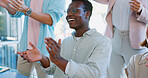 Business people, applause and smile for seminar, meeting or corporate team training at the workplace. Happy employee workers clapping in celebration for good business meeting, convention or workshop
