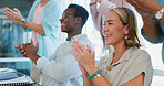 Business people, applause and smile for seminar, meeting or corporate team training at the workplace. Happy employee workers clapping in celebration for good business meeting, convention or workshop