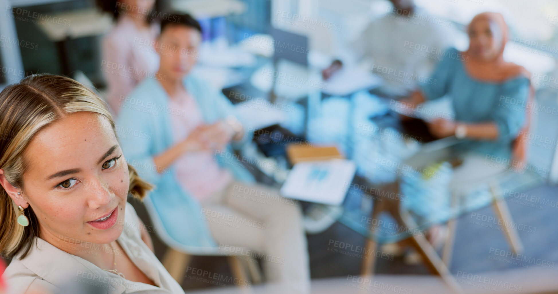 Buy stock photo Presentation, board and business woman in meeting, coaching or workshop event for training. Seminar, face or female manager talking or speaking of planning in company for team strategy or our vision