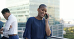 Phone call, communication and black woman at a meeting with a phone for networking, discussion and planning on a balcony. Talking, smile and employee with a mobile conversation during a work strategy