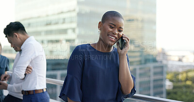 Buy stock photo Black woman, phone call and smile on office building balcony for networking, connection and negotiation. City, terrace and businesswoman in cellphone discussion for deal, consulting or communication.