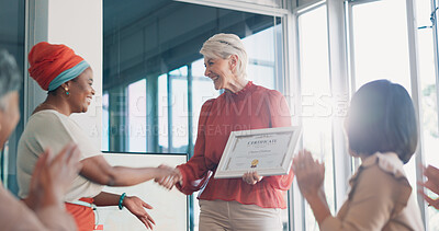 Buy stock photo Clapping, award or handshake with business women in meeting for goal, thank you or winner. Celebrate, praise or promotion for a happy woman with certificate for support, achievement or success