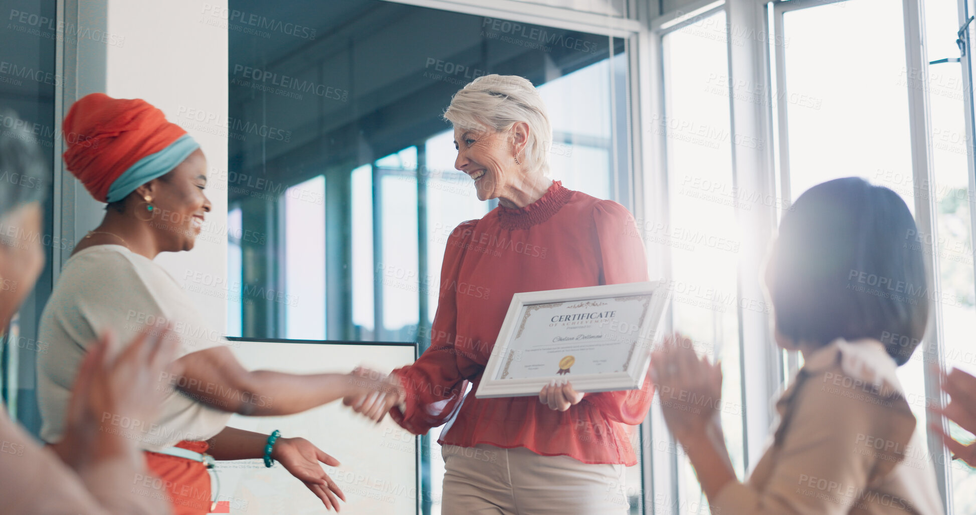 Buy stock photo Clapping, award or handshake with business women in meeting for goal, thank you or winner. Celebrate, praise or promotion for a happy woman with certificate for support, achievement or success